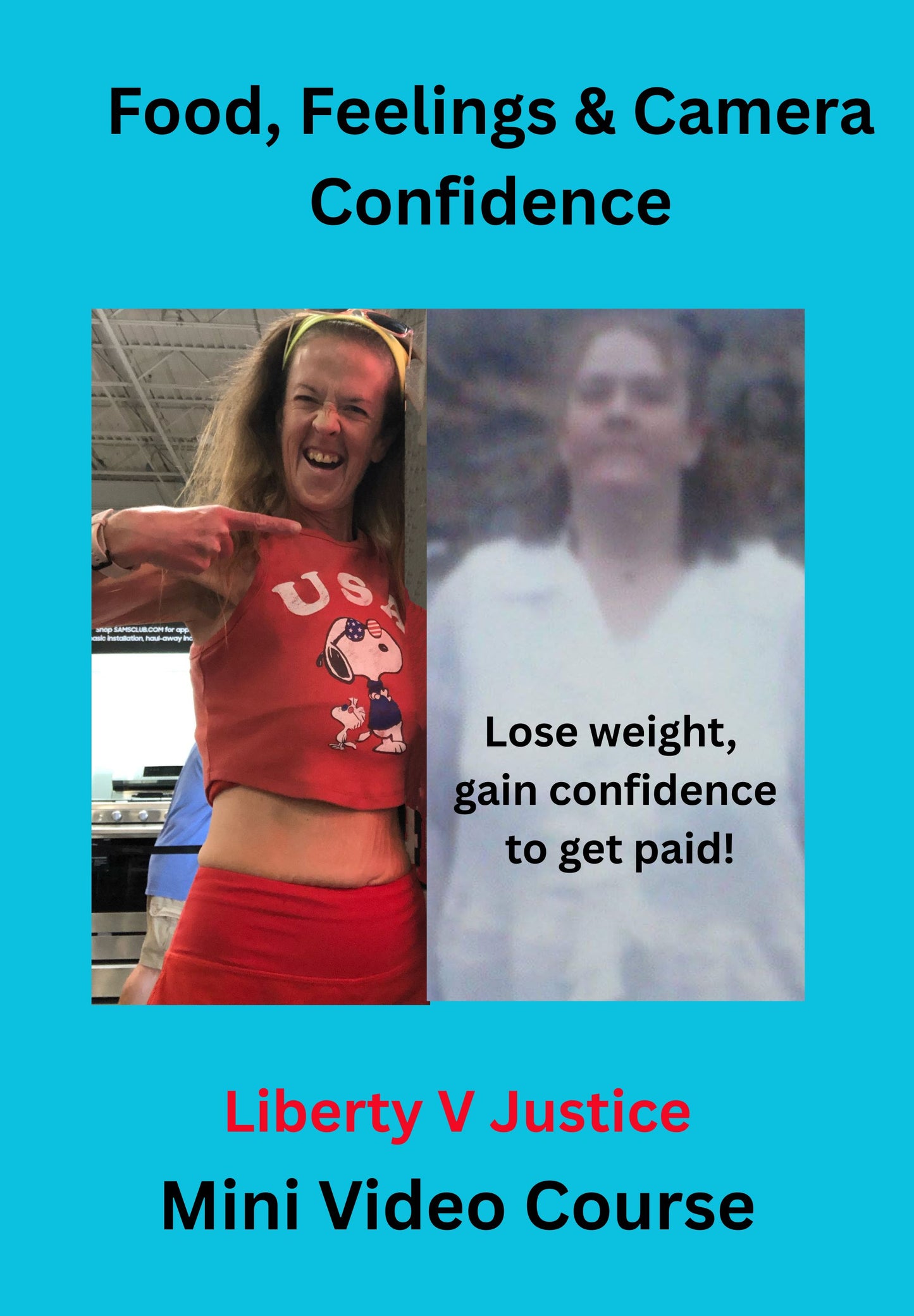 Promotional graphic for a mini video course titled 'Food, Feelings & Camera Confidence' with text and images of a woman.